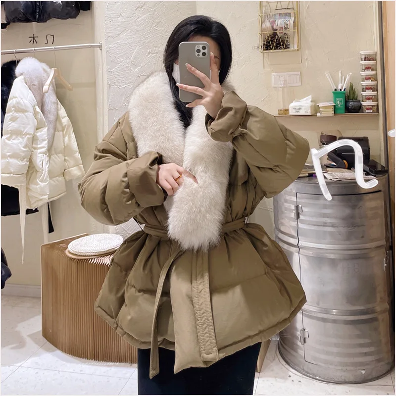 Winter White Down Jacket 2024 Female Short Korean Fashion New Large Luxury Fox Fur Elegant Coat with Belt Windproof Warm Parkas