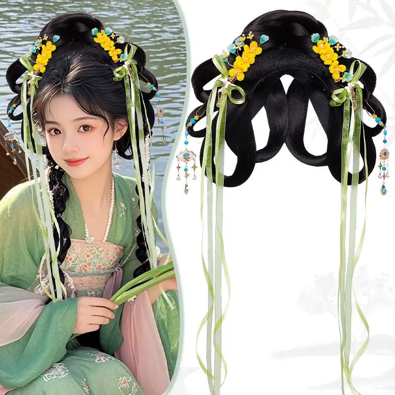 Set di parrucche professionali per foto Hanfu: fascia per capelli all-in-one con chignon - Parrucca clip-on con accessorio per capelli antico cinese stile fata