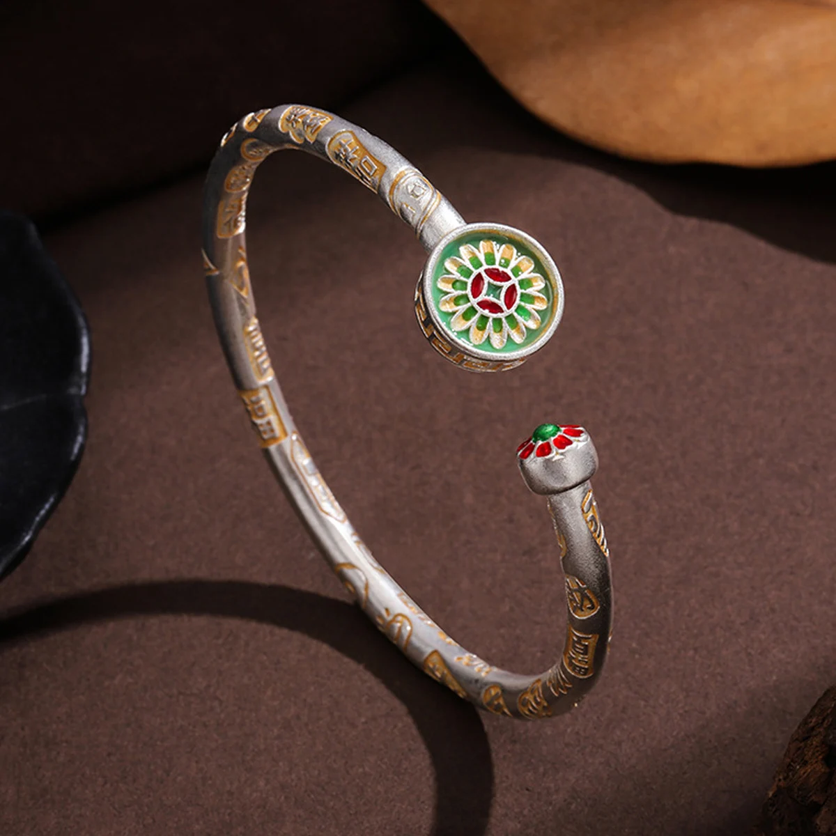New Silver-plated Solid Retro Light Luxury Ancient Enamel Lotus Auspicious Cloud Sunflower Open Bracelet Ruyi National Tide Gift