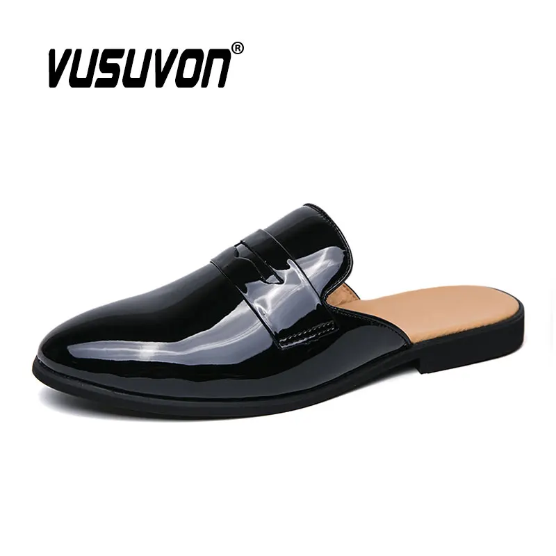 Italian Design Men Slippers Patent Leather Loafers Moccasins Outdoor Non-slip Black Casual Slides Summer Spring Fashion Shoes