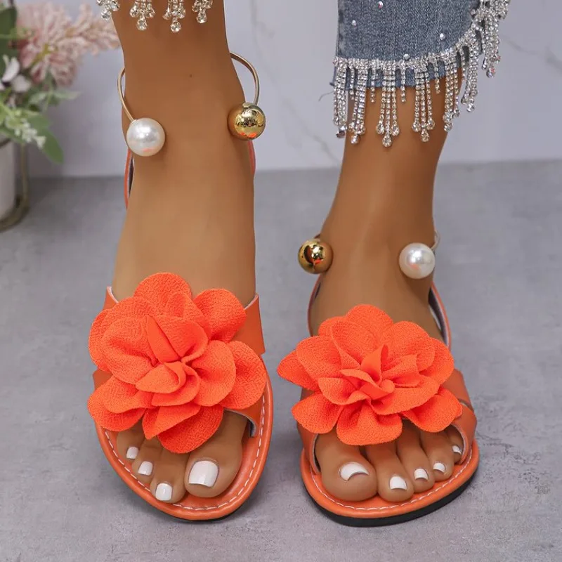 Women Sandals Summer Flat Pearl Retro Flower Sandals Open Toe Casual Sandals Daily Beach Bohemian Comfortable Non Slip Shoes - view 4