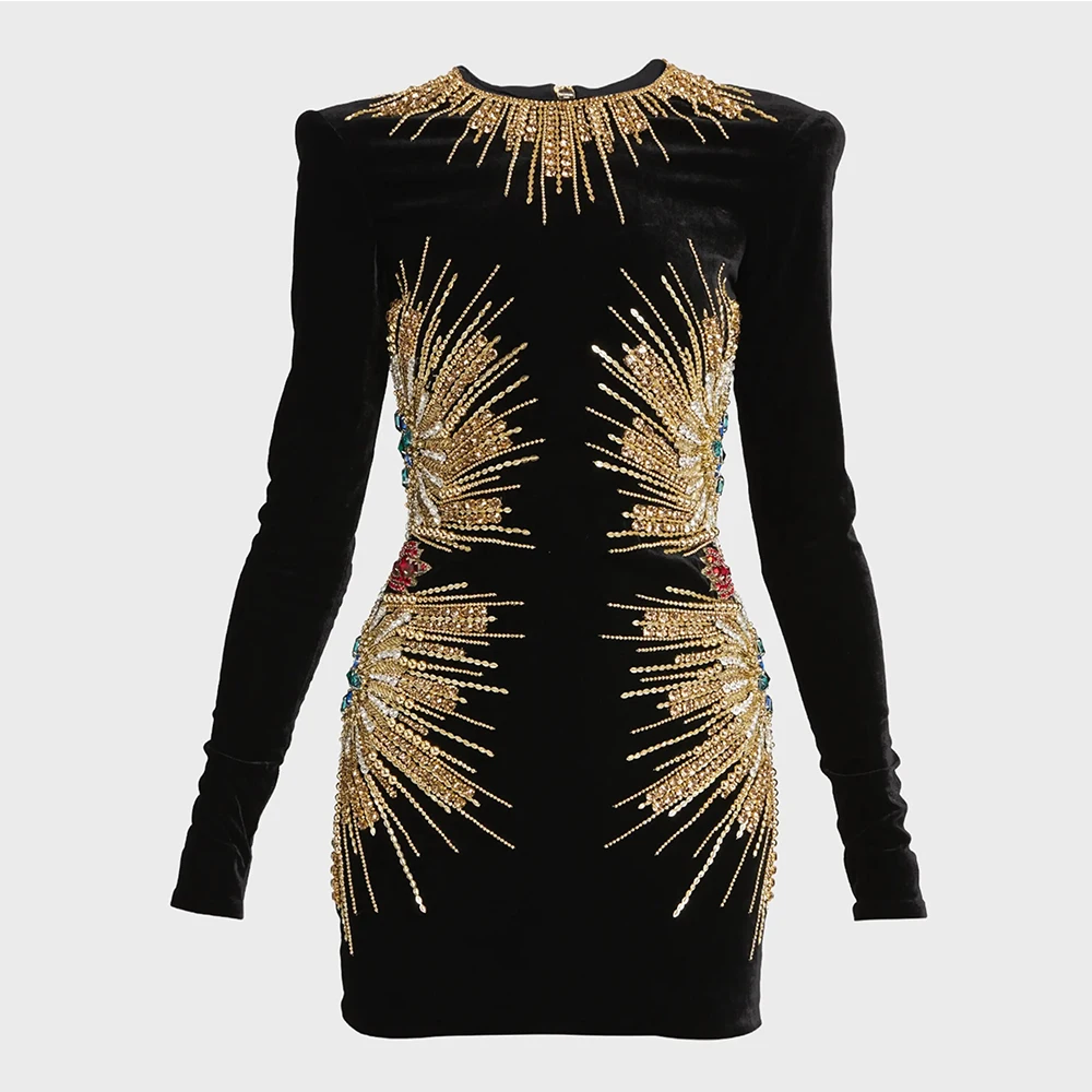 HIGH QUALITY 2024 Newest Designer Fashion Women's Long Sleeve Stunning Sequined Rhinestone Diamonds Beaded Velvet Dress