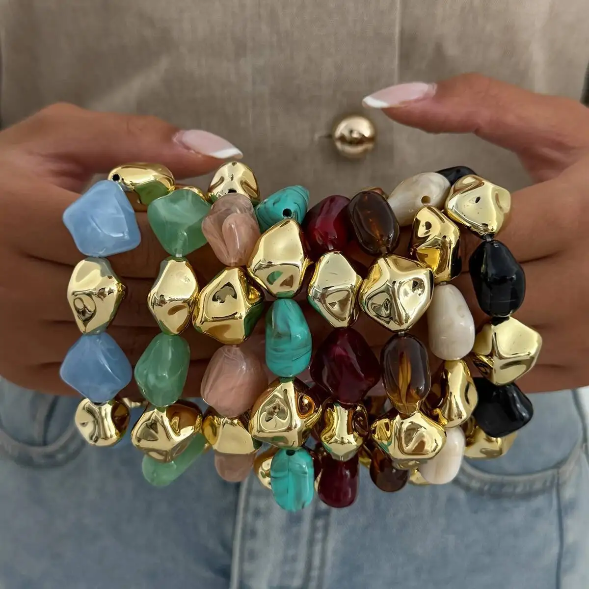 SHIXIN 8 Styles Bohemian Elastic Resin Acrylic Bracelet for Women Retro Stackable Irregular Beaded Bracelet Bangle Party Jewelry