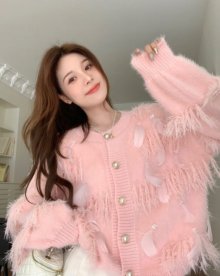 

Autumn/Winter Women 2023 New Sweet Pink White Fashion Cardigan Female Tassel Chic Long Sleeve Sweater