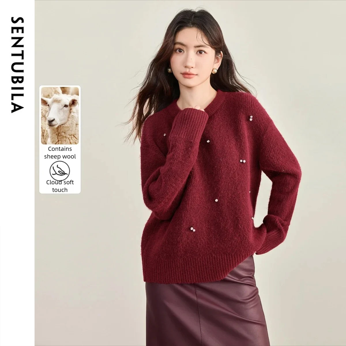 

SENTUBILA Women's Wool Sweater Pullover 2025 Autumn Commuter Handmade Rhinestone O-Neck Loose Lightweight Knitted Top W53EE3375