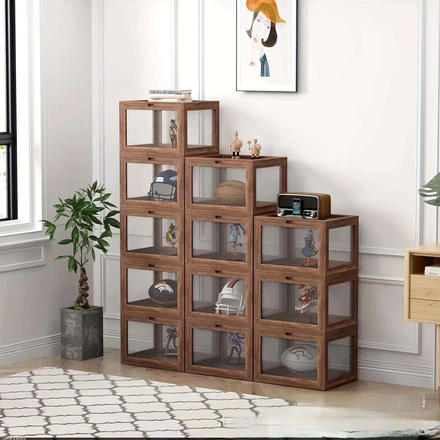 Wooden Stackable Display Case Transparent Shoe Storage Box for Sneakers and Collectibles, Baskets Home Organization