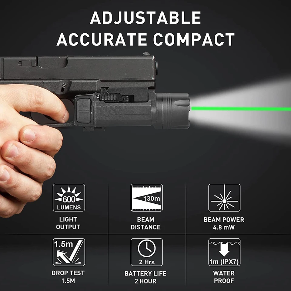 Richfire SFD-058 Tactical LED Flashlight 600LM Green Laser Sight Combo Pistol Light Handgun for Quick Detach Rail Mount