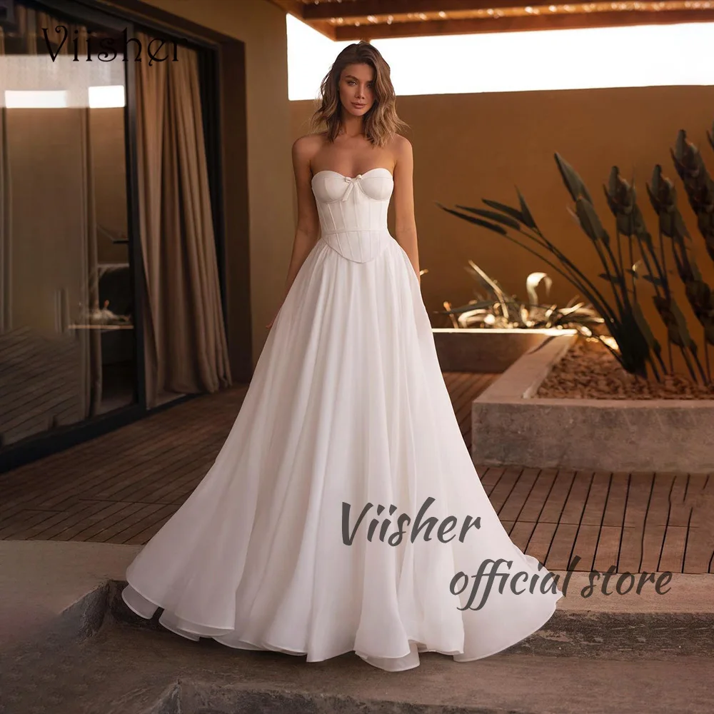 Visher moderne Brautkleider Bogen Schatz drapiert Satin Prinzessin Brautkleid lang eine Linie Hochzeit Brautkleider angepasst