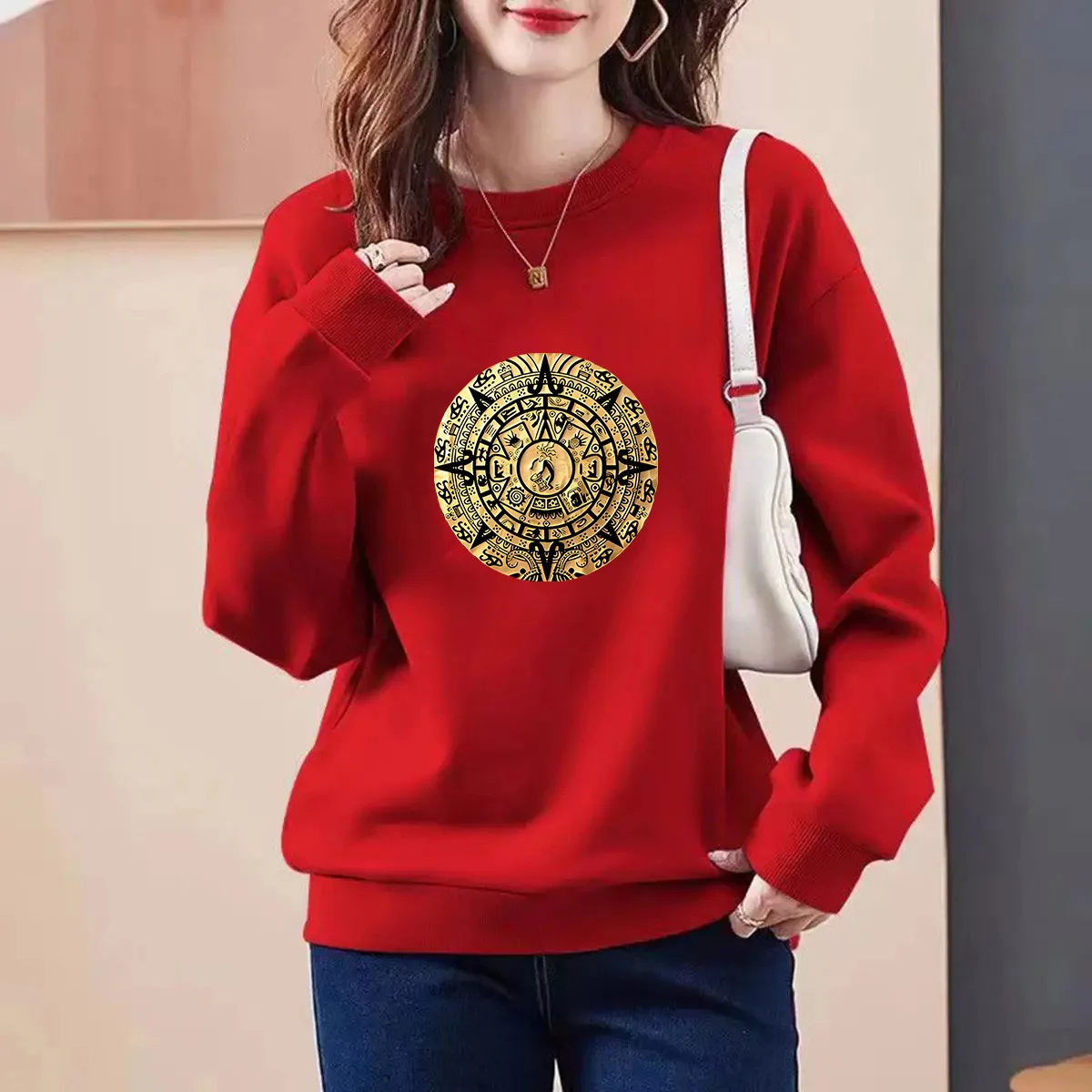 Women Clothing Chic Pinted Sweatshirts Autumn New Loose All Cotton O-neck Pullover Hoodies Casual Comfortable Y2k Tops