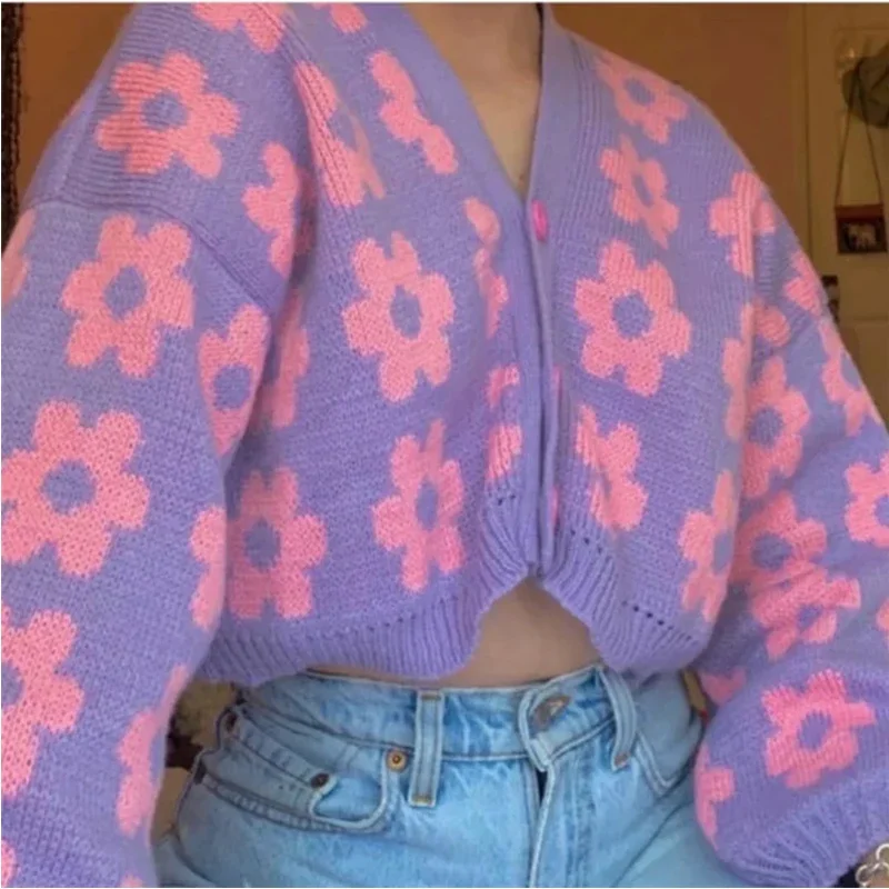 Autumn Winter Women Vintage V Neck Floral Embroidery Cardigan Office Lady Kawaii Sweaters Long Sleeve Knitted Cardigans Female