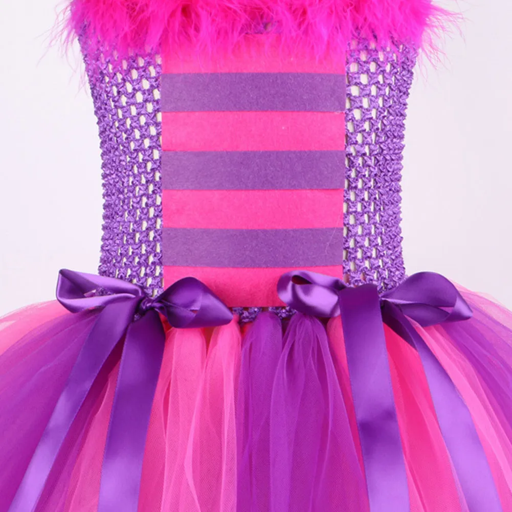 Kids Children Cheshire Cat Cosplay Costume Girls Tutu Dress Pink Purple Cartoon Roleplay Dress Headband Halloween Party  Suit