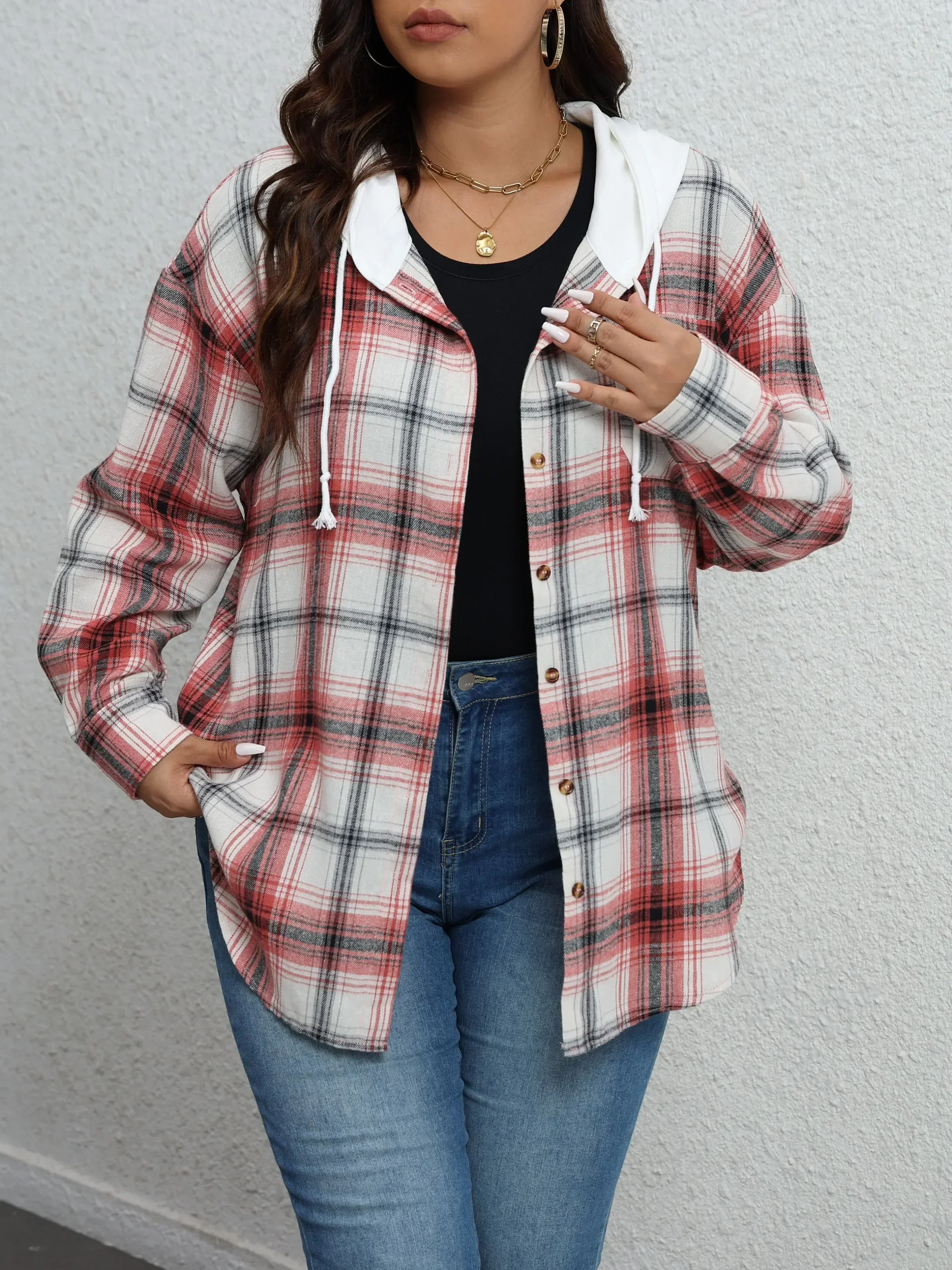 Plus Größe Mode Frauen Langarm einreiher Aufgesetzte Tasche Kordelzug Hemd Klassische Plaid Print Casual Mit Kapuze Sweatshirt