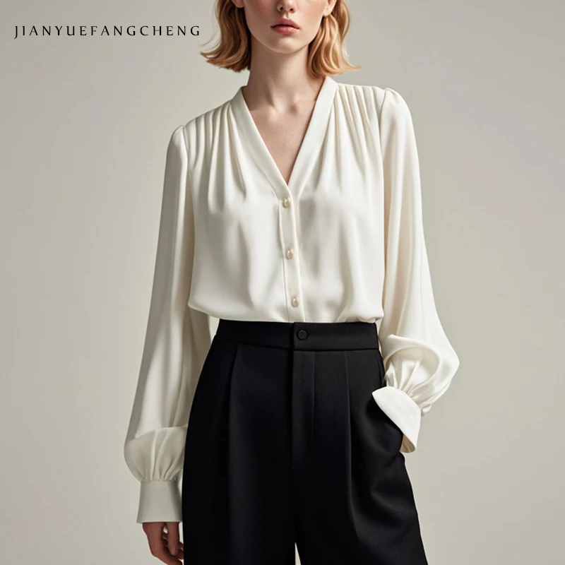 2025 Spring Women's White V-Neck Long Sleeve Blouse - Loose Fit Casual Top, Soft and Comfortable, Ideal for Spring and Summer