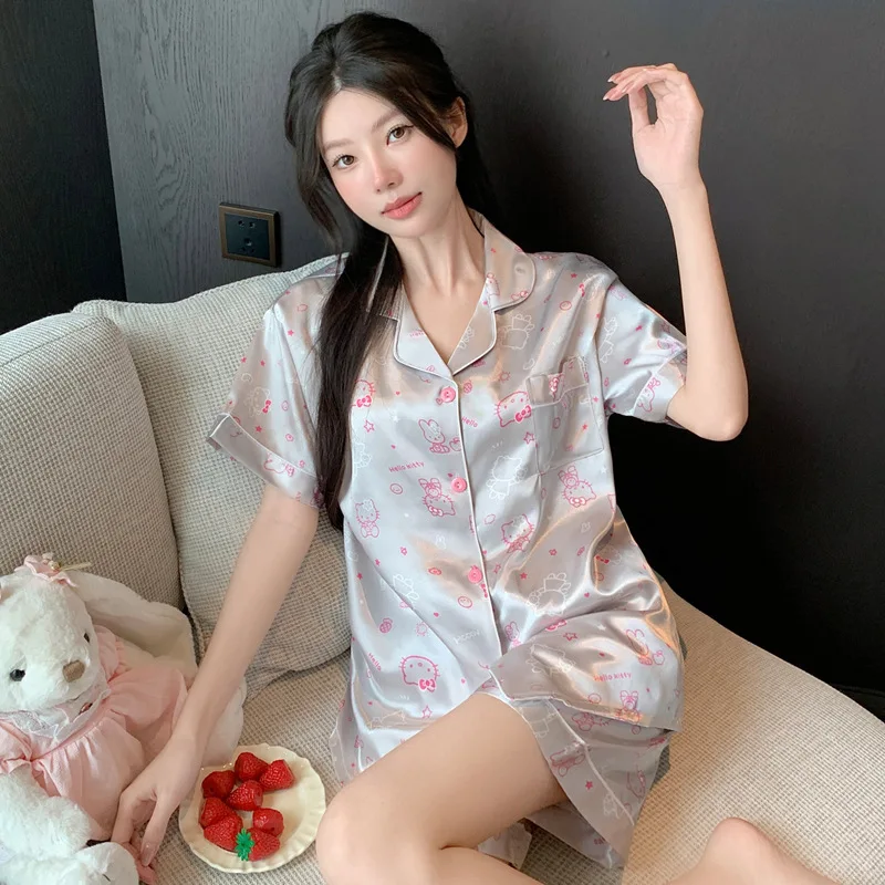 

Hello Kitty Silver Cat Ice Silk Pajamas Set Women Short Sleeve Cartoon Homewear Two Piece