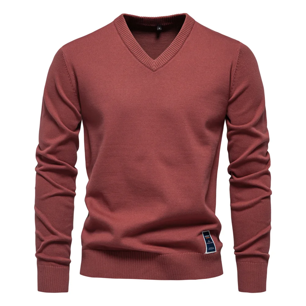 

Autumn and Winter New Cotton Cross border Foreign Trade Solid Color Sweater V-neck Trendy Men's Sweater Men's Knitted Sweater