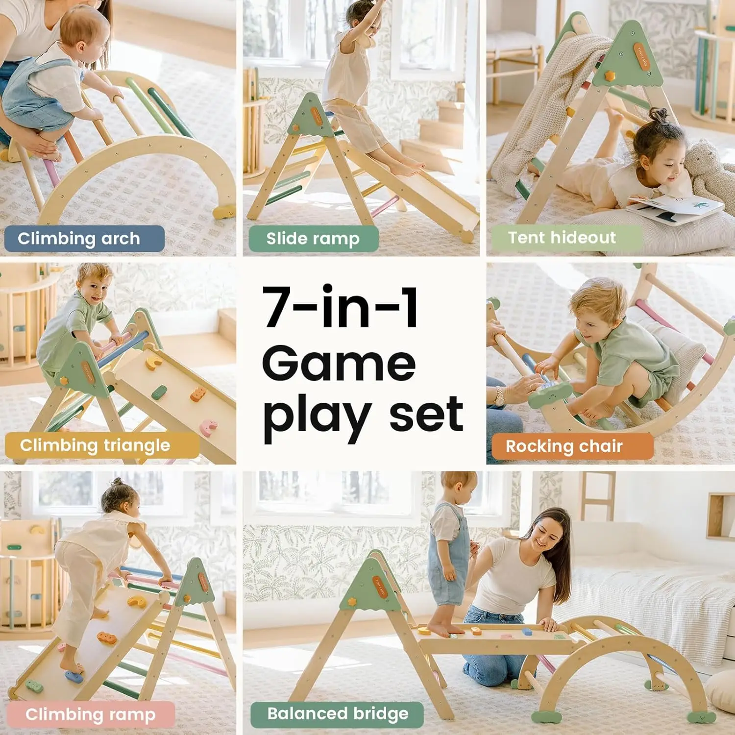 Zestaw Trójkątów Pikler, Składany Montessori 7w1 Zabawki do Wspinaczki dla Niemowląt do Użytku Wewnętrznego, Drewniana Placówka Zabaw Jungle Gym dla Dzieci, Prezent dla Wspinacza