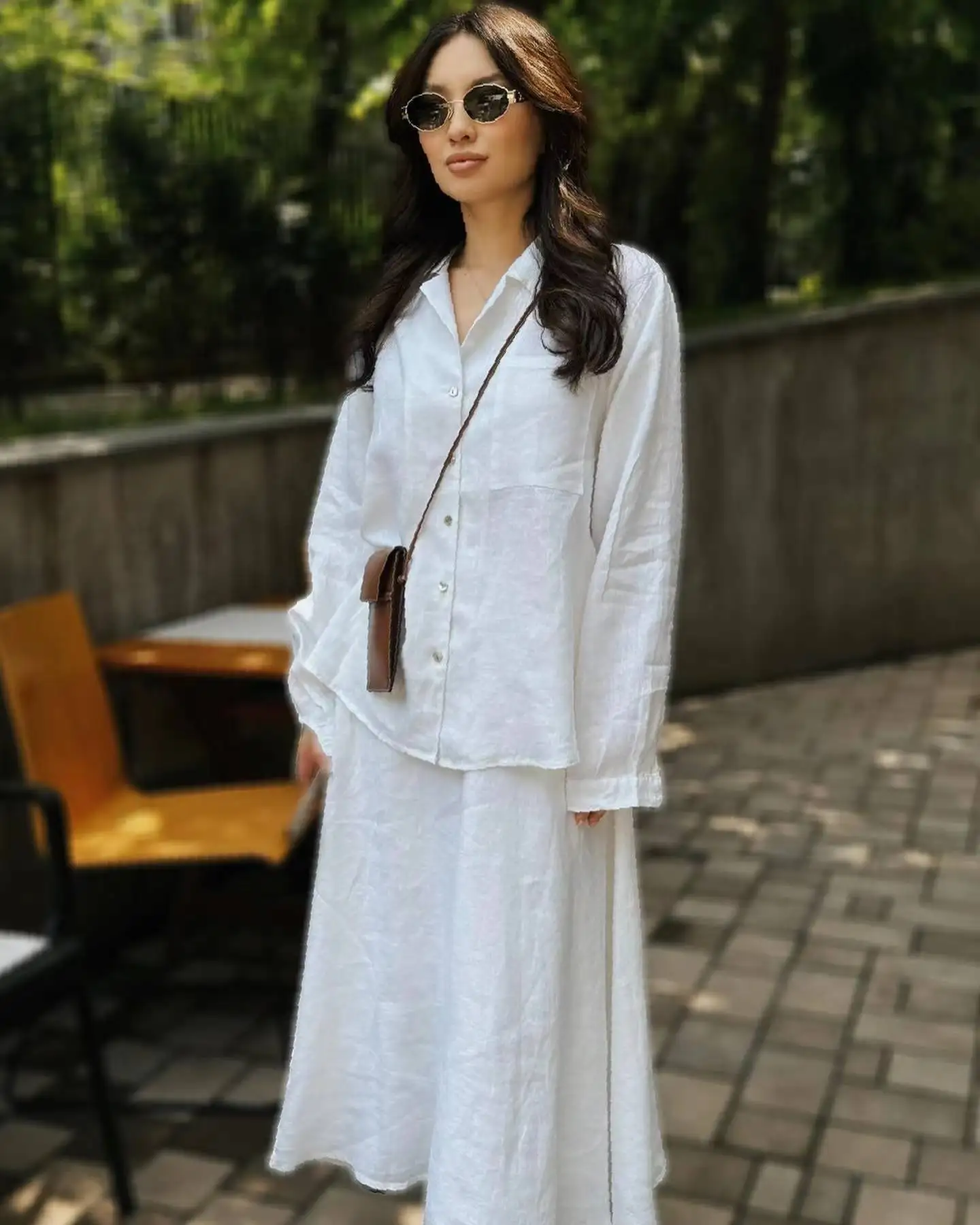 Women 2 Piece Set Blouse Long Skirt Suit Pockets Single Breasted Top Muslim Arabic Skirts Outfits Morocco Dubai Casual Ensemble 5