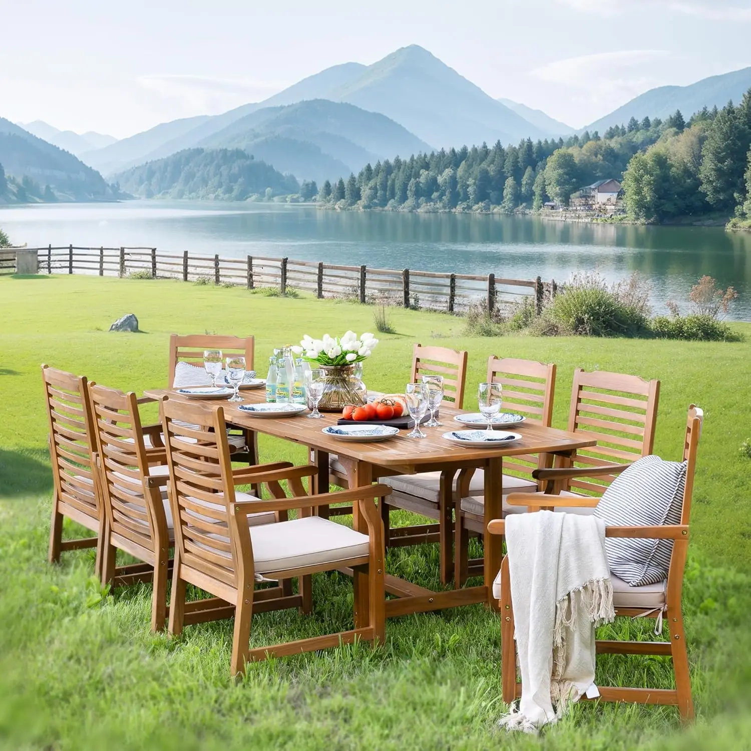 

9pc Wood Expandable Patio Dining Set with Umbrella Hole for 8 Persons, Backyard Deck Porch Outdoor Furniture, Customized