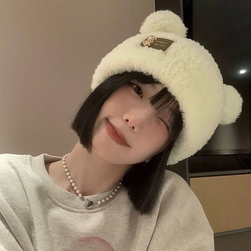 Women Solid Color Knitted Cute Bear Ears Wool Hat Plush Little Bear Wool Hat Metal Label Knitted Plush Thickened Ear Protect Hat