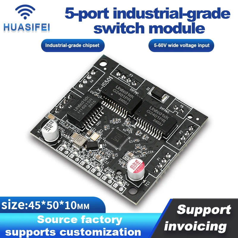 Module de commutation de qualité industrielle, 5 ports, 100Mbps, DC 5V-60V, interrupteur d'alimentation PCBA