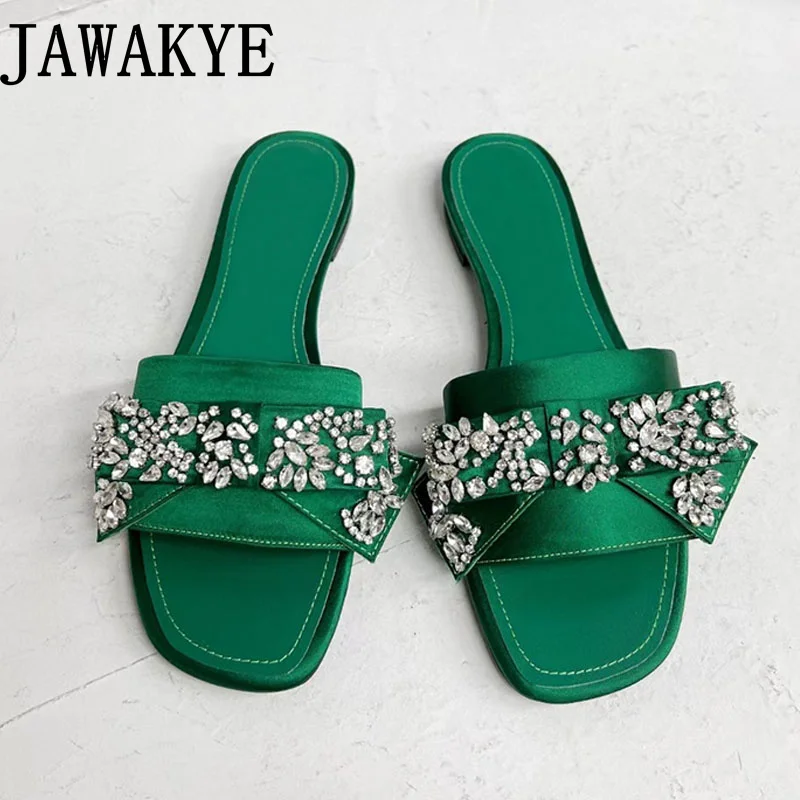 2022 Summer Silk Women\'s Flat Slippers Crystal Peep Toe Ladies Party Mules Out Walking Shoes For Woman Dress Flats Slides mujer