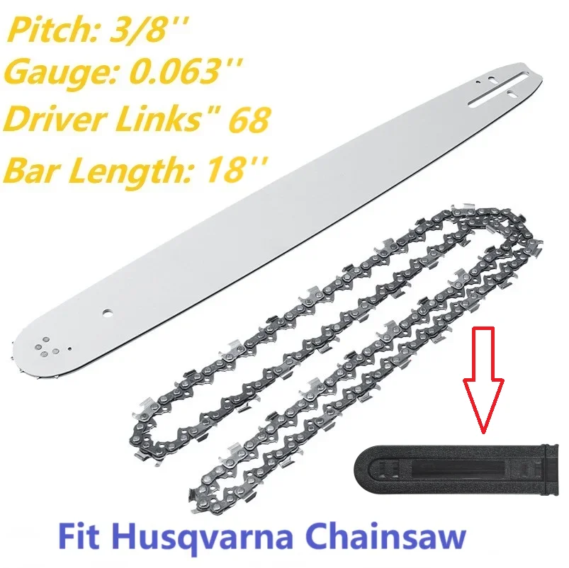 18 Inch Chainsaw Guide Bar & Wood Cutting Saw Chain 3/8'' 68DL 68 Driver Links Fit Husqvarna 61 66 268 272 362 365 372 & More