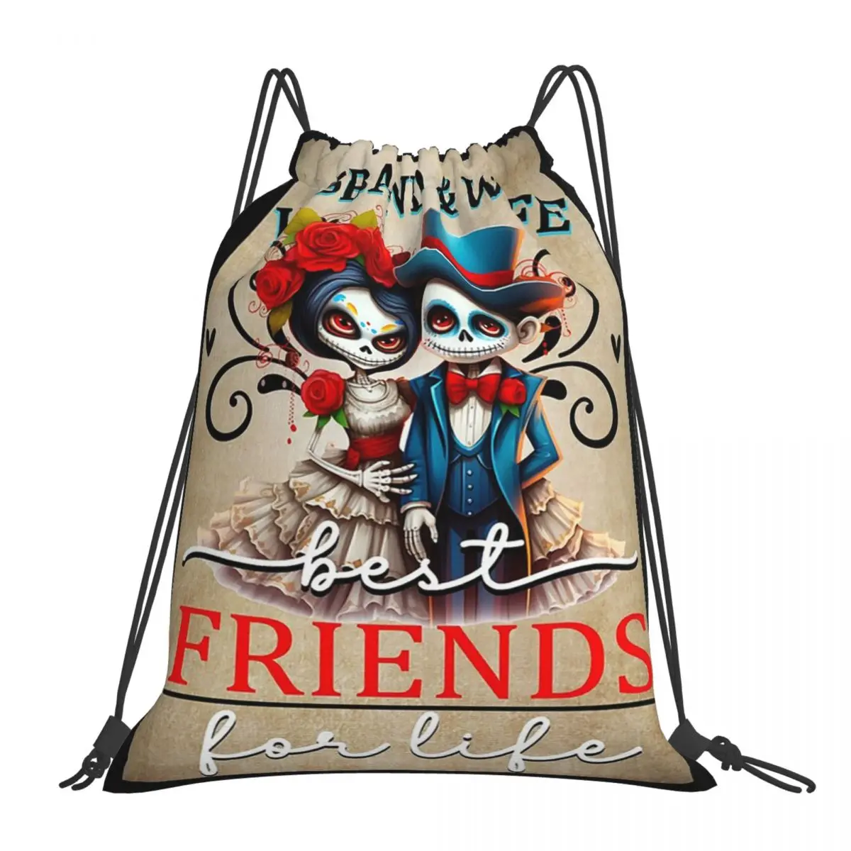 

Cute Sugar Skull Couple Backpacks Portable Drawstring Bags Drawstring Bundle Pocket Sports Bag Book Bags For Travel School