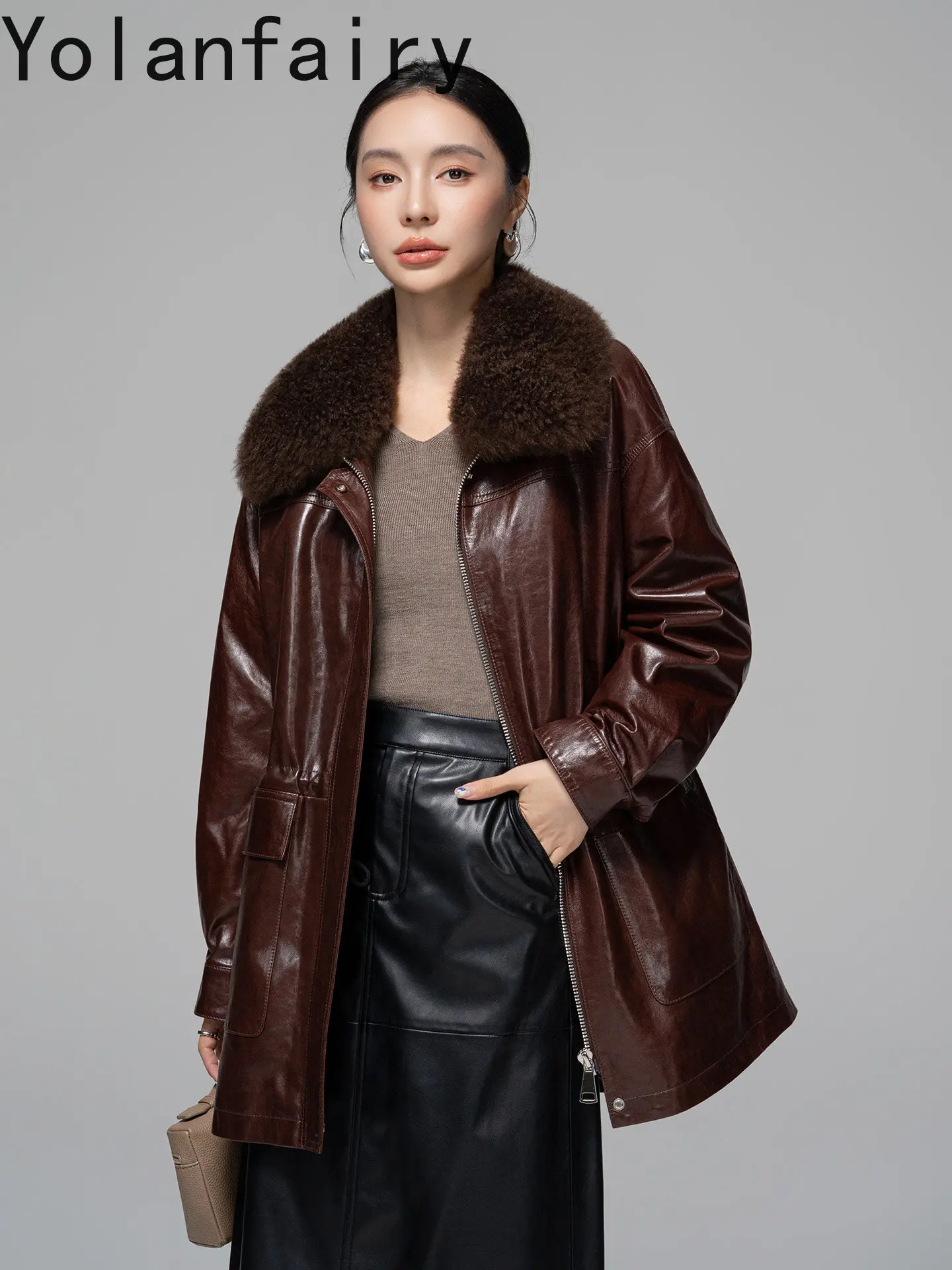 YOLANFAIRY Elegant 100% Genuine Sheepskin Leather Down Jacket Women Winter Mid-length Elegant Puffer Coats Wool Collar Waisted
