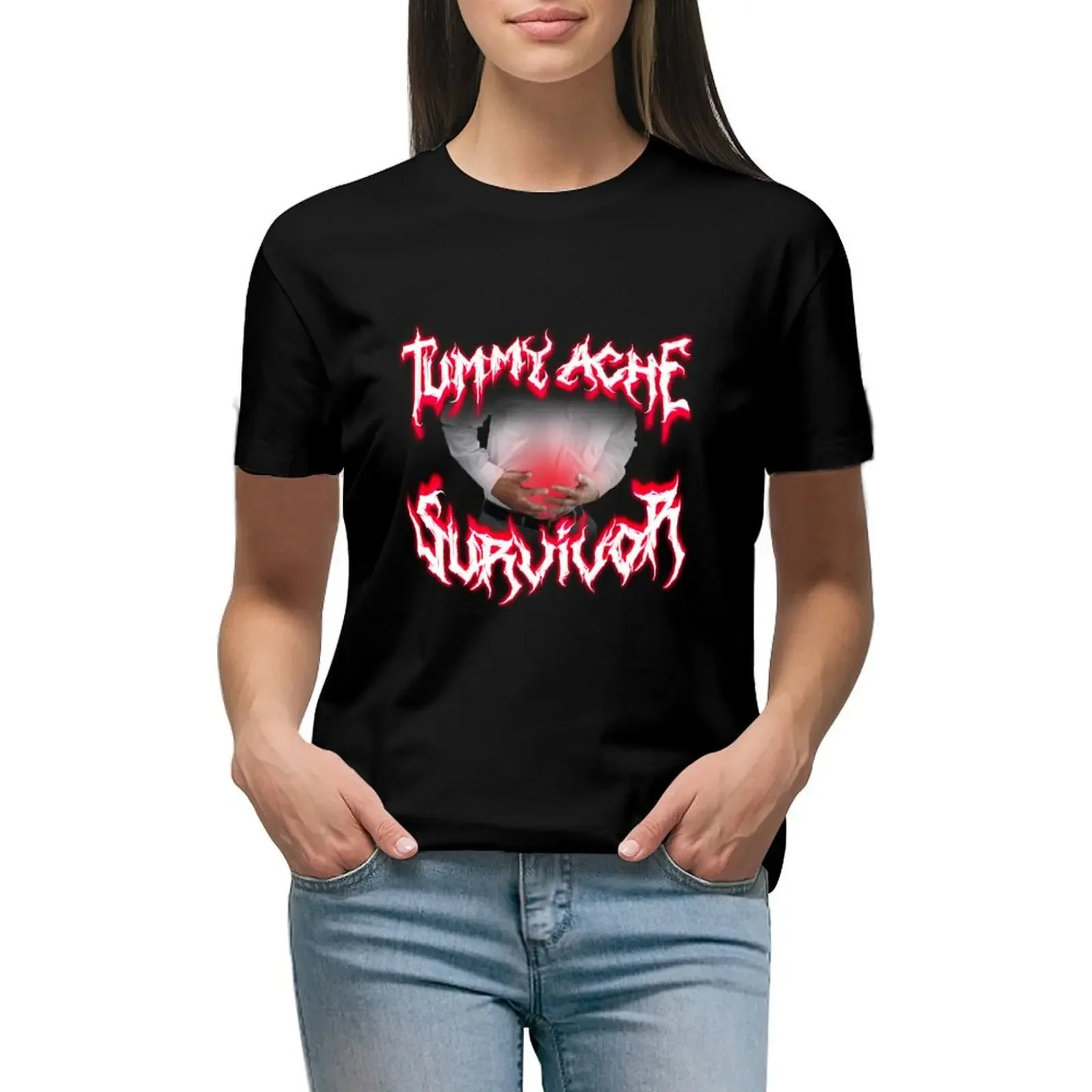 

Tummy Ache Survivor Metal Design T-Shirt anime summer clothes tops black t-shirts for Women