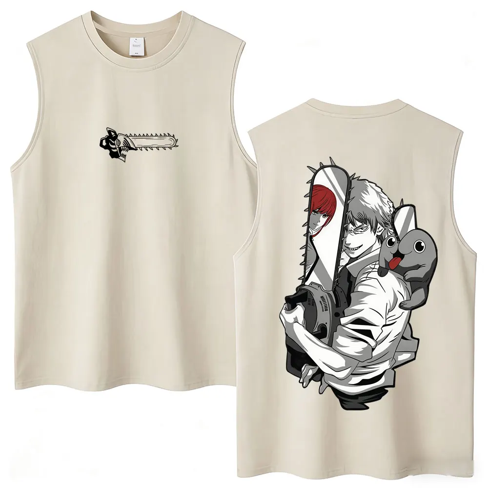 Anime Chainsaw Man Denji Vintage Washed Tank Tops Men Women Harajuku Manga Sleeveless Vests Oversized Cotton T Shirts Streetwear