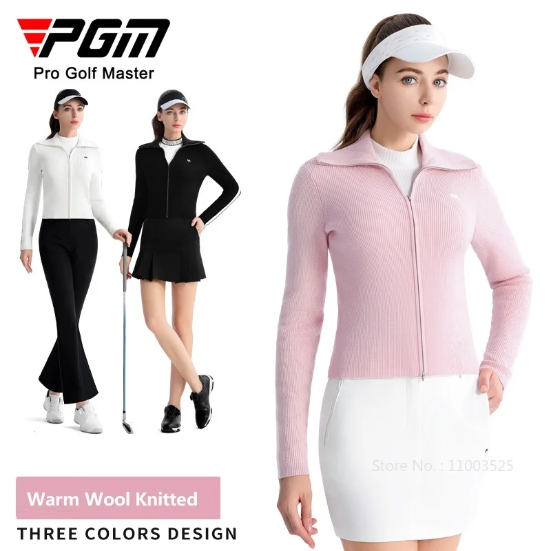 Pgm Golf Women Cardigan Korean Warm Knitted Sports Sweater Ladies Winter Autumn Leisure Zipper Golf Jacket Long Sleeve Slim Coat