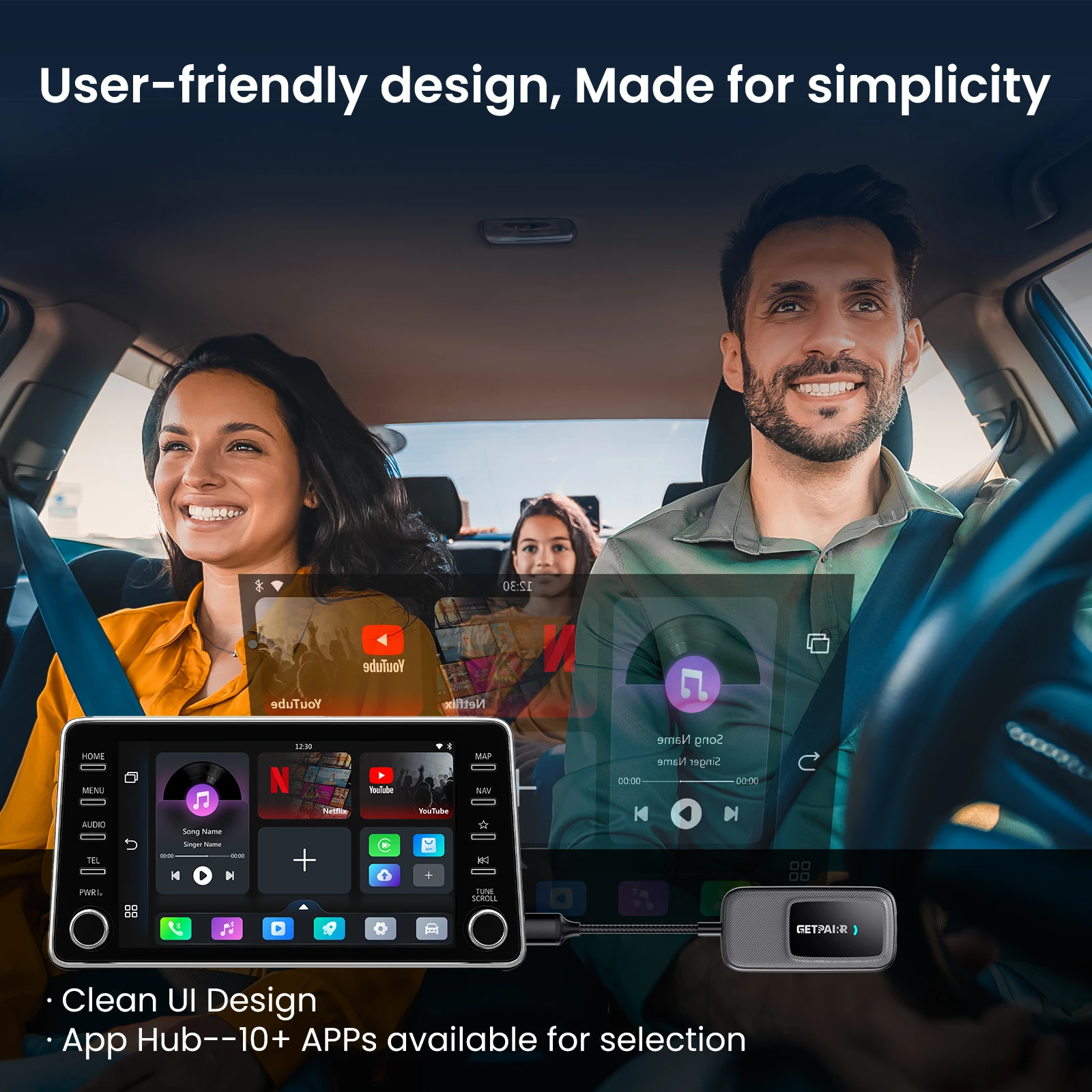 Getpairr Play2Video Ultra Wireless Carplay Android Auto Adapter dengan Youtube Netflix Terintegrasi, Kotak Video untuk VW Benz Ford 99% Mobil