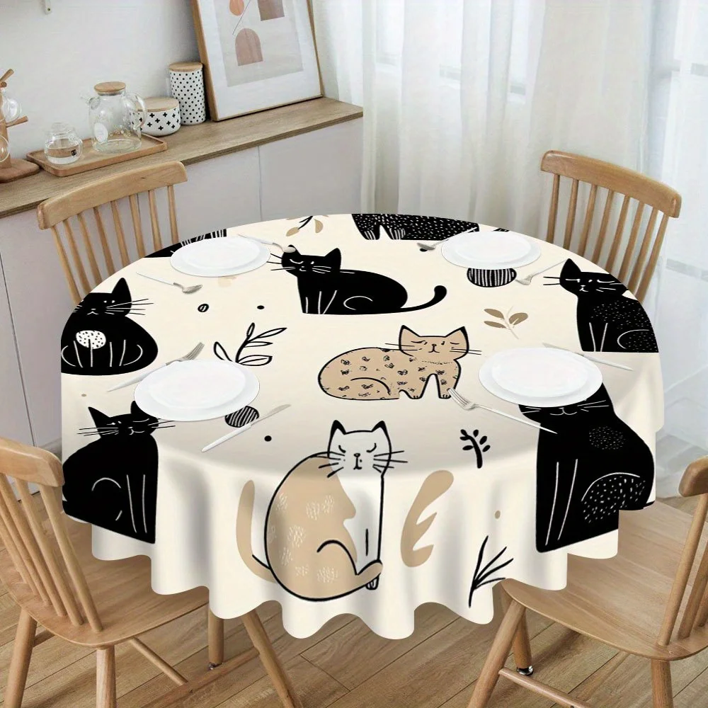 A round tablecloth with cat doodle patterns, adding fun to the cozy dining time.