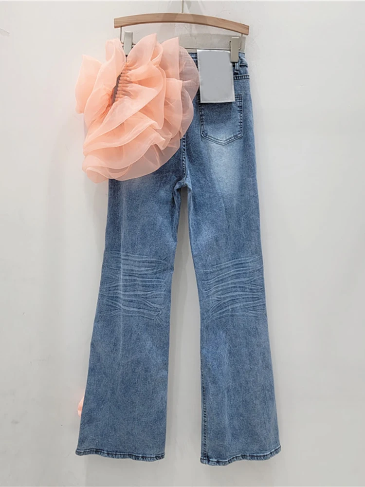 Imagem -03 - Deat-calças Jeans de Cintura Alta para Mulheres Jeans 3d com Várias Flores Furos Quebrados Perna Reta e Larga Nova Moda Verão 2023 29l7213