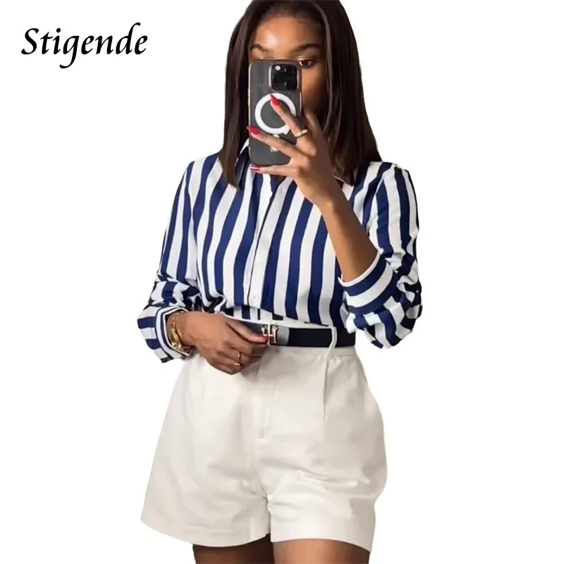 Stigende White Blue Striped Loose Fit Shirt Women Elegant Lapel Neck Button Blouse