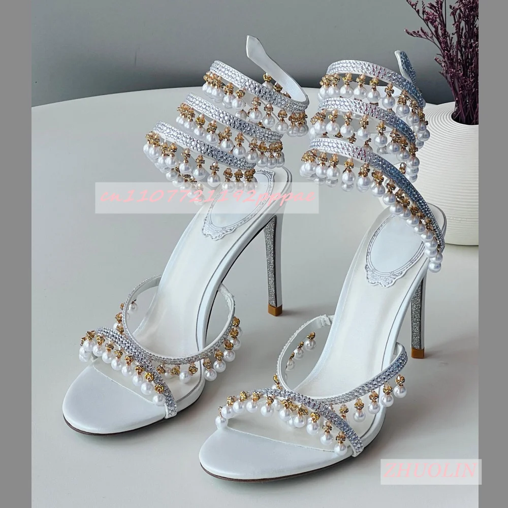 

Women'S Pearl Ankle Wrap High Heels Summer Luxury Round Toe Stiletto Sandals Elegant Pumps Large Size Wedding Shoes Gladiator 43