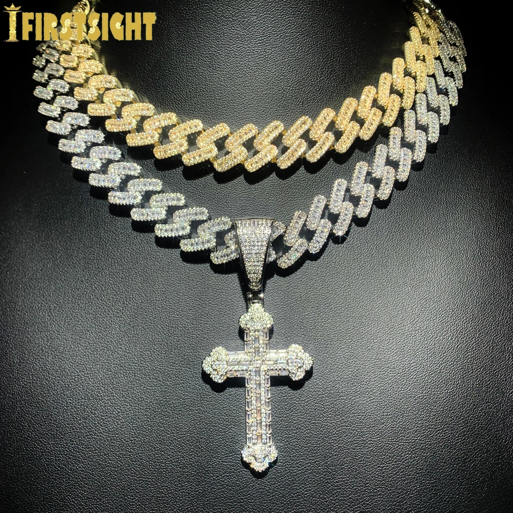 

Iced Out Cross Necklace for Men Women Bling Silver Color Cubic Zirconia Charm With 15MM Cuban Link Chain Hip Hop Jewelry