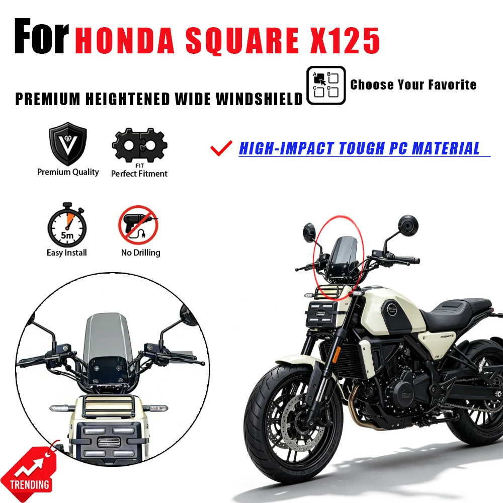 

For Honda Square X125 Motorcycle Windshield Heightened Wide Front Windscreen Deflector Accesorios Moto Parabrisas Cupula Parts