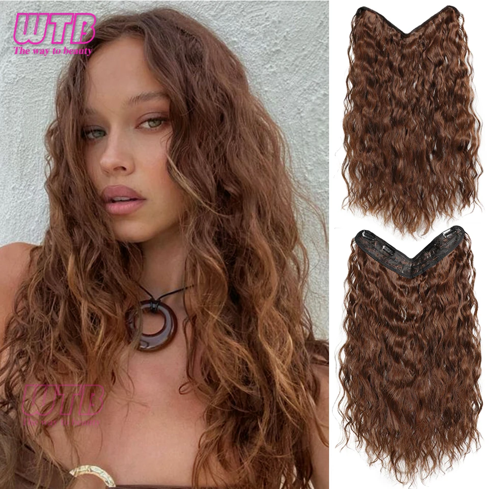 

WTB U Part Hair Extensions Black Brown Clip in Wavy Long Full Head Synthetic Hairpiece 55cm for Women