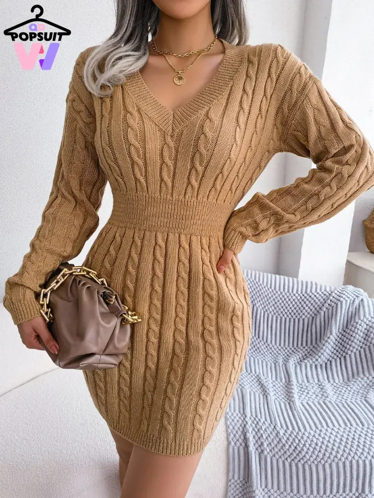 New In Autumn Winter Sweater Dress Fashion Sexy V-neck Lantern Sleeve High Waist Knitted Pack Hip Streetwear Party Warm Dresses