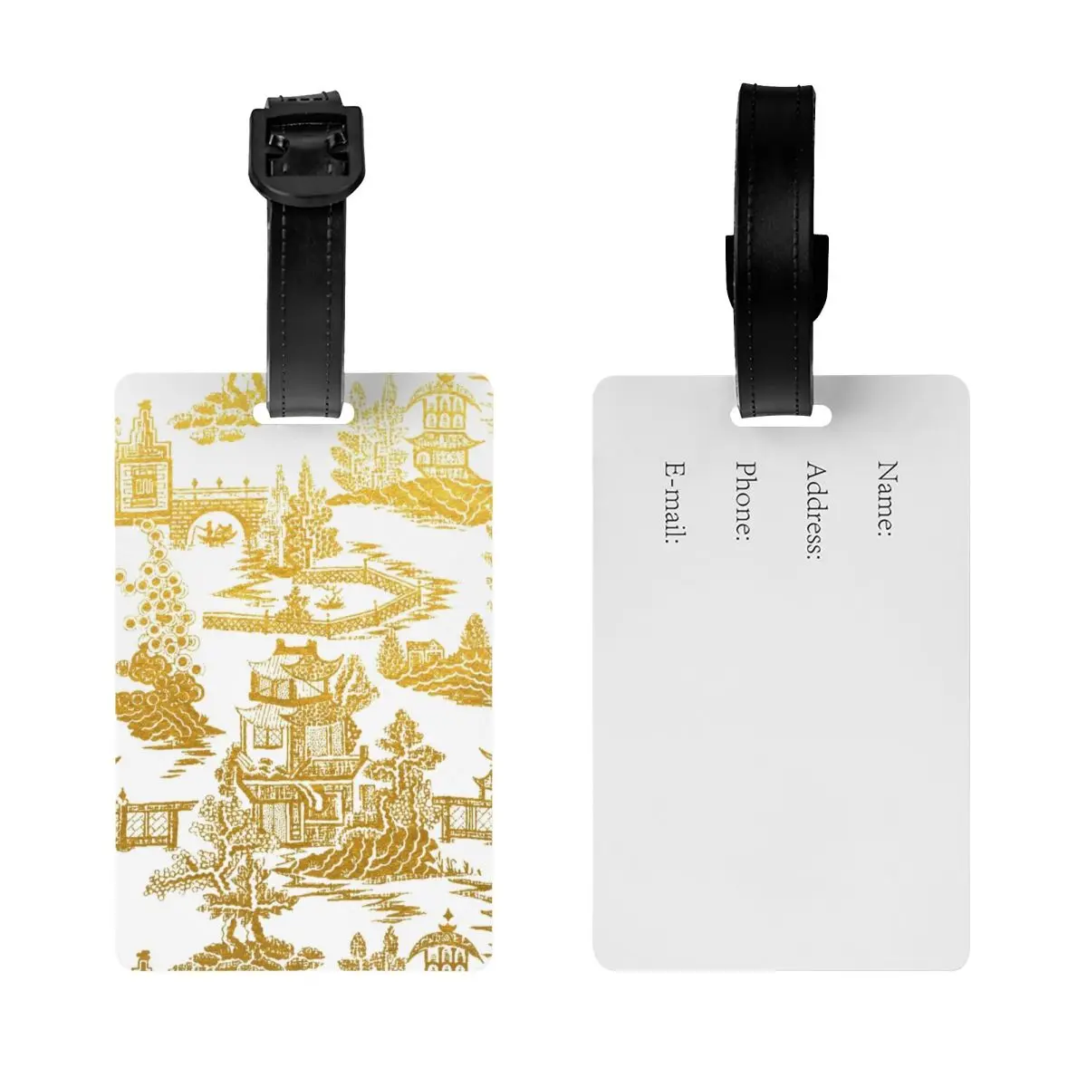 Custom CustoGolden Pagoda Chinoiserie Luggage Tag  Oriental Willow Pattern Privacy Cover ID Label for Travel Bag Suitcase