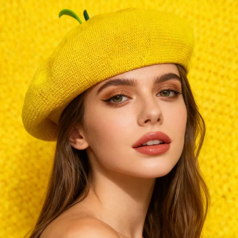 1pc，Cute Knit Beret with Fruit Leaf Detail Sweet Daily Fashion Headwear.
