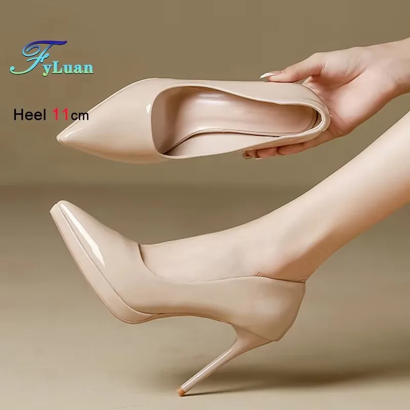 

Popular Super High Heels 11cm Women's Pumps Niche Versatile Waterproof Platform Shallow Mouth Ladies Patent Leather Eveing Heels