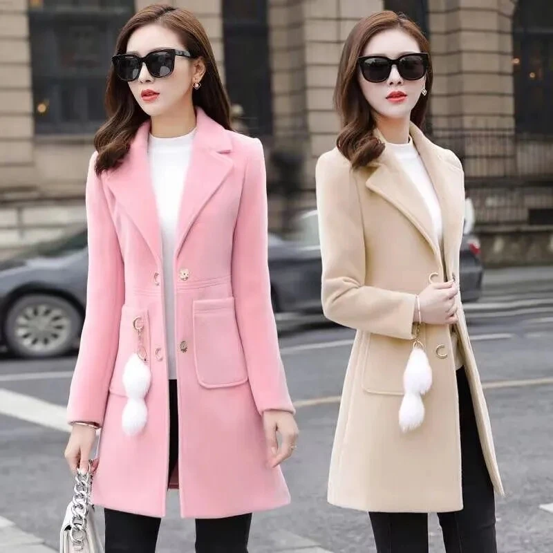 Add Cotton/No Cotton Woolen Coat For Women New Autumn Winter Suit Collar Wool Overcoat Fashion Jacket Lady Blend Windbreaker
