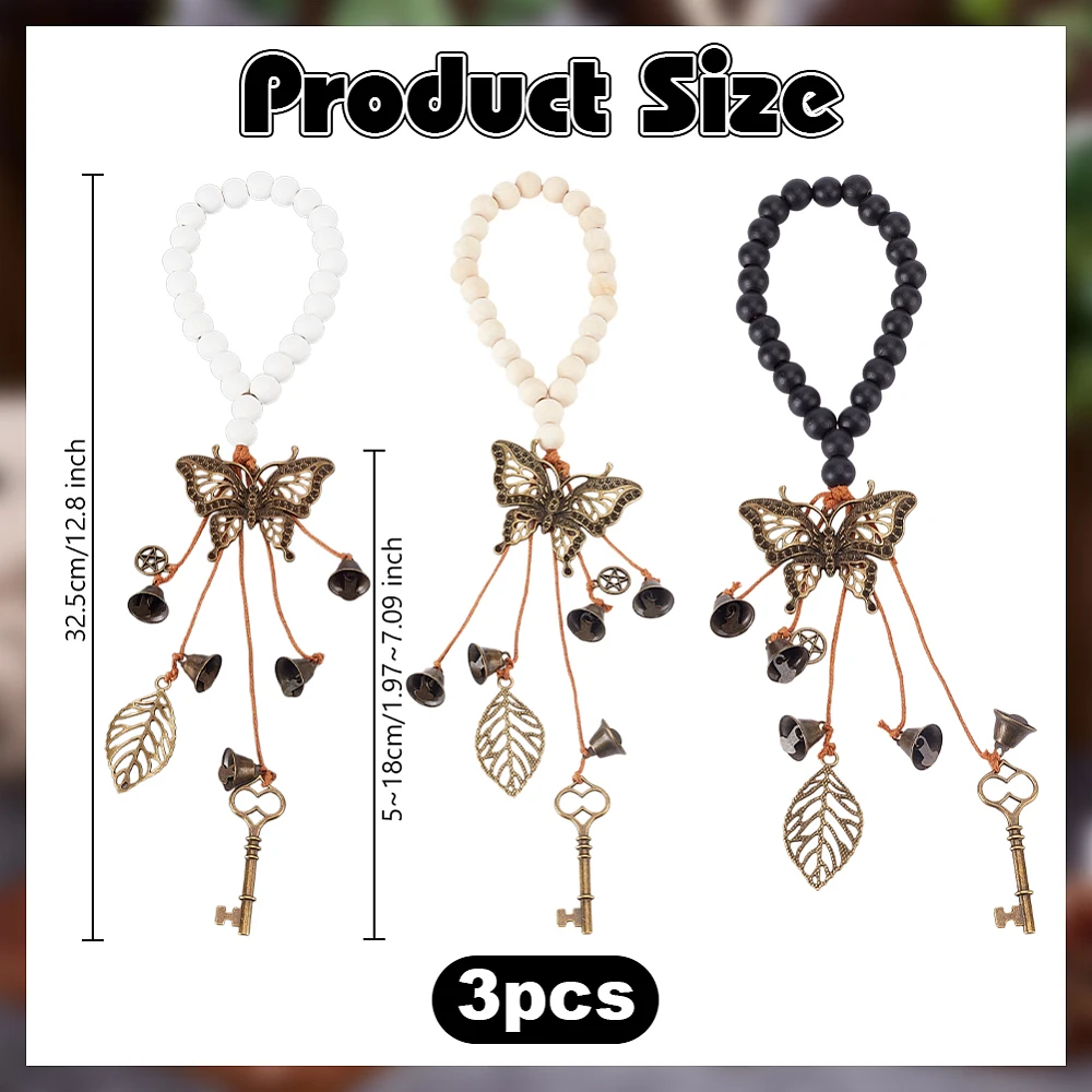 3Pcs 12.8 Inch Bells for Door Knob Bells with Wood Beads Butterfly Pagan Decor Magic Keys Leaf Wood Beads Hanger Bells