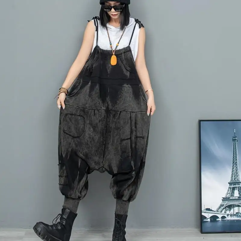 2024 New Personality Distressed Fashion Rompers Women Autumn Loose High-waisted Oversized Straight Leg Streetwear Jumpsuit Tide