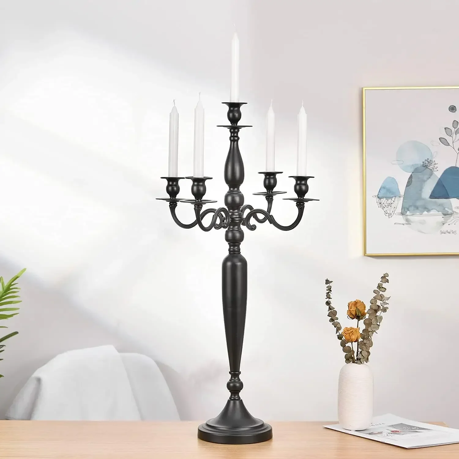 Black 5 Arm Candelabra Candle Holder Wedding Centerpieces Metal Candlestick Holder for Dining Table  (28 Inch Tall)