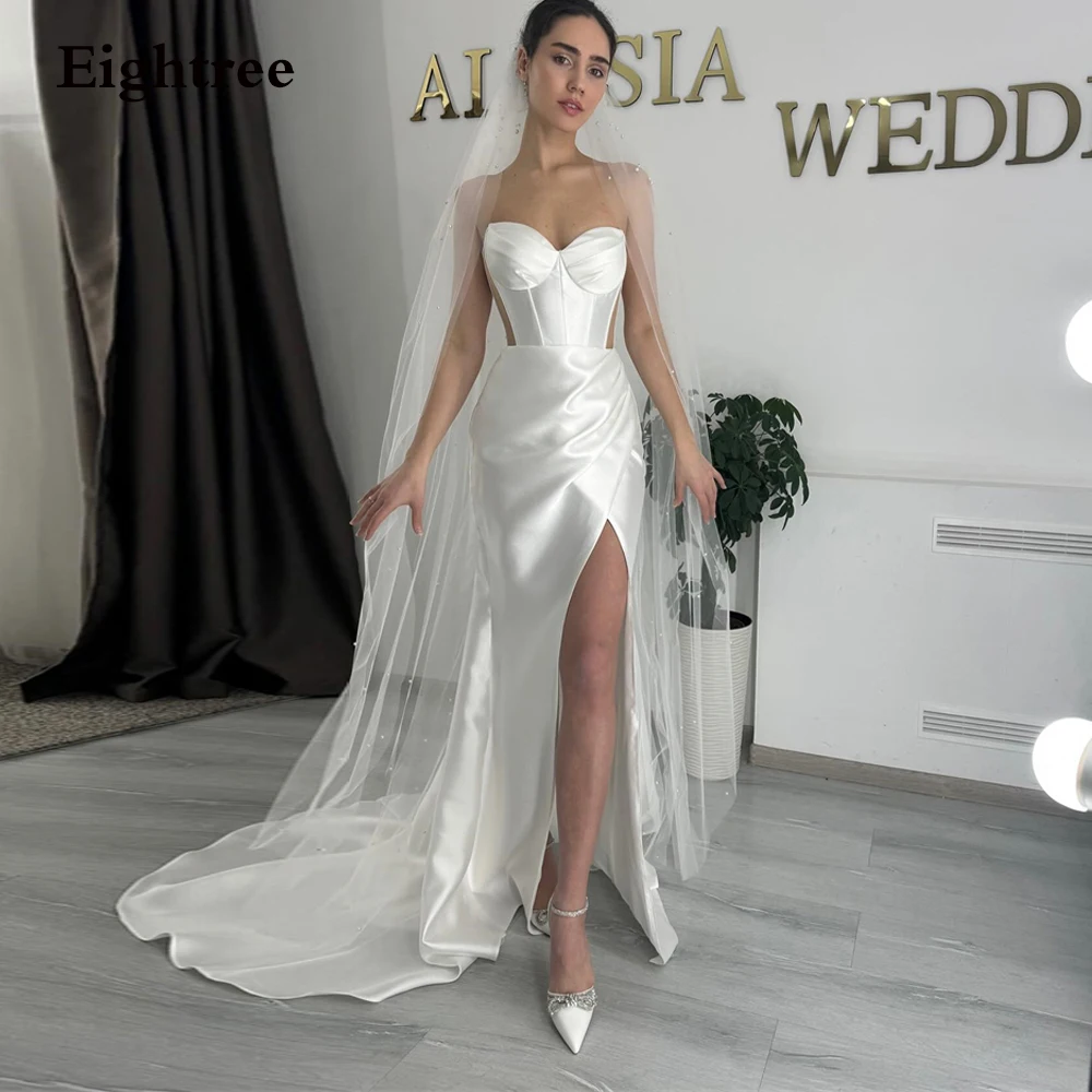 

Eightree Sexy Mermaid Wedding Dresses Satin Vestidos De Novia Sweep Train Side Slit White Bride Dress Women Elegant Corset Back