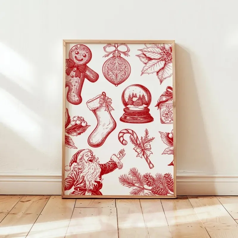1pc frameless Canvas Painting Holiday Collage Print, Red Christmas Decorations, Winter Decor, Trendy Art, Xmas Poster, Vintage S