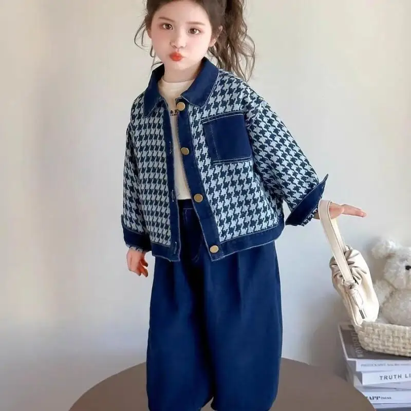 Hot Girl Cowboy Coat 2-Piece Set Spring Autumn Tops Straight-Leg Pants Jeans Child Kawaii Versatile Fashion New Casual Clothing